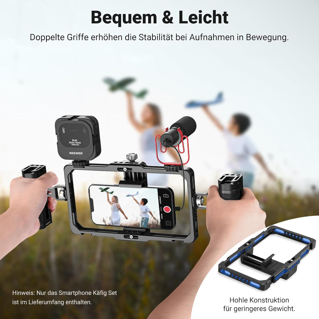 NEEWER Verbesserte Phone Käfig Cage Rig Vlogging Set, Videostabilisator mit doppeltem Griff drahtlos