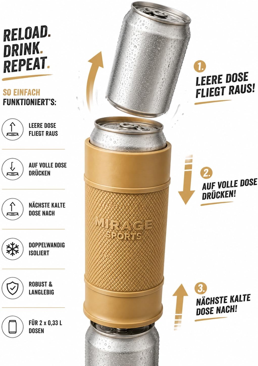 ColdSwap® – Taktischer Nachlade-Dosenkühler für 2 x 0,33 l Bierdosen | Doppelwandig isoliert | Bierd