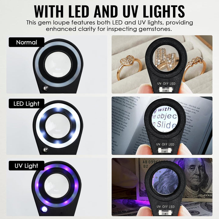 10x faltbare und beleuchtete Lupe für Juweliere. 21mm UV und LED Licht für Steine Briefmarken Münzen