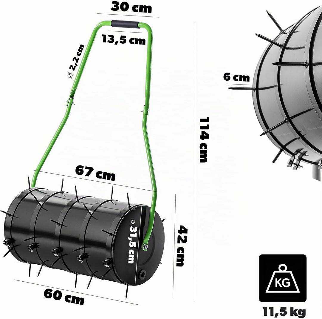 KADAX Rasenlüfter Walze 60 cm, Befüllbar mit Wasser oder Sand, Rasenwalze mit 6 cm Nägeln, Rasenbelü