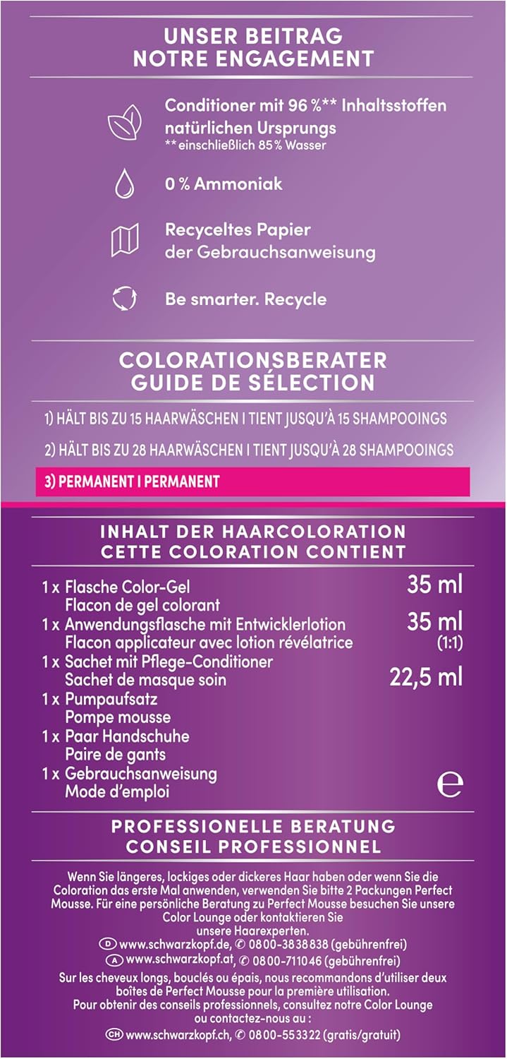 Schwarzkopf Perfect Mousse Permanente Schaumcoloration 400/4-0 Dunkelbraun (3 x 92,5 ml), Haarfarbe