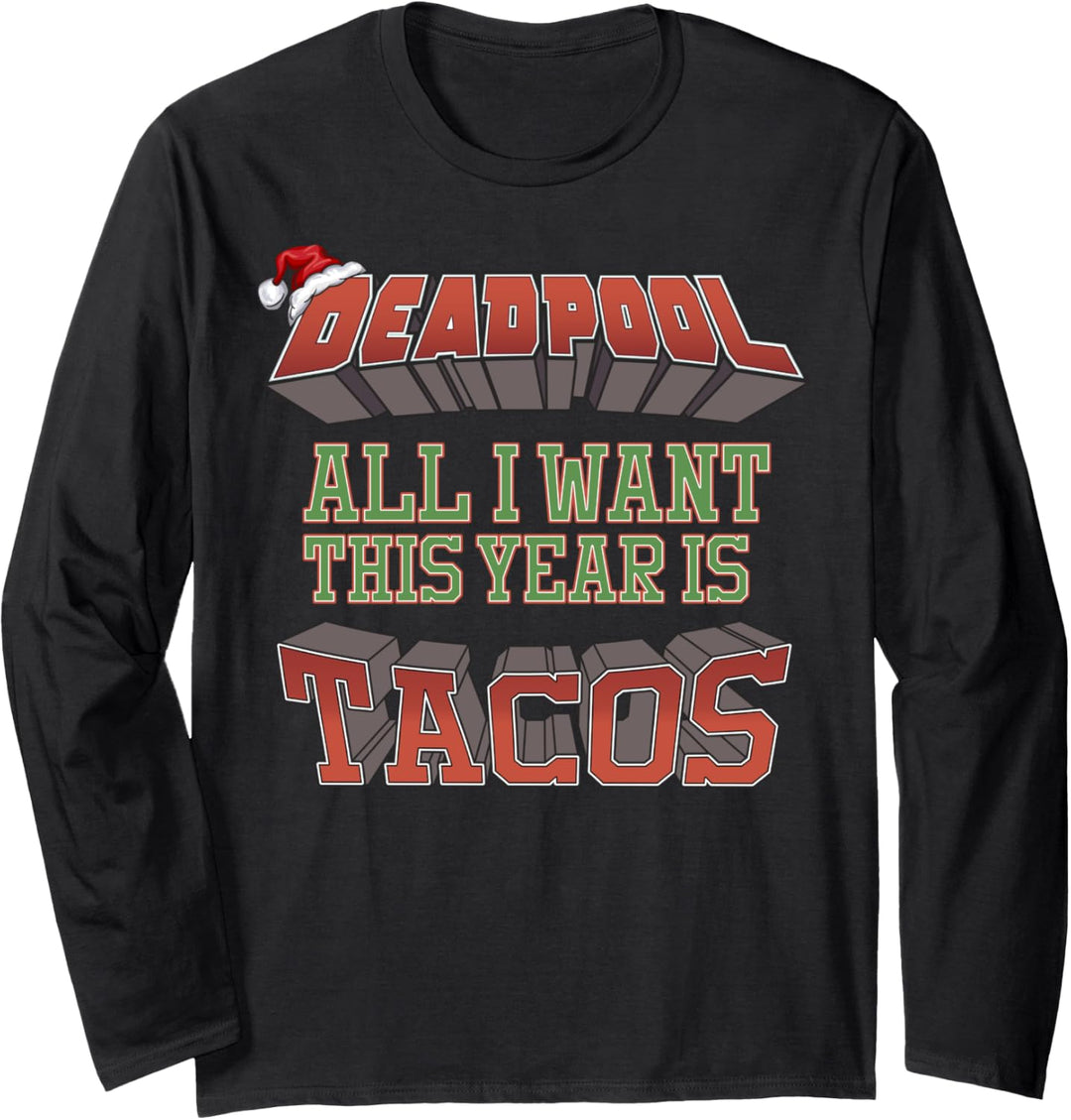 Marvel Deadpool All I Want This Year Is Tacos Santa Hat Langarmshirt