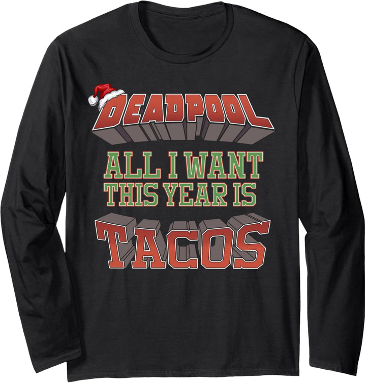 Marvel Deadpool All I Want This Year Is Tacos Santa Hat Langarmshirt