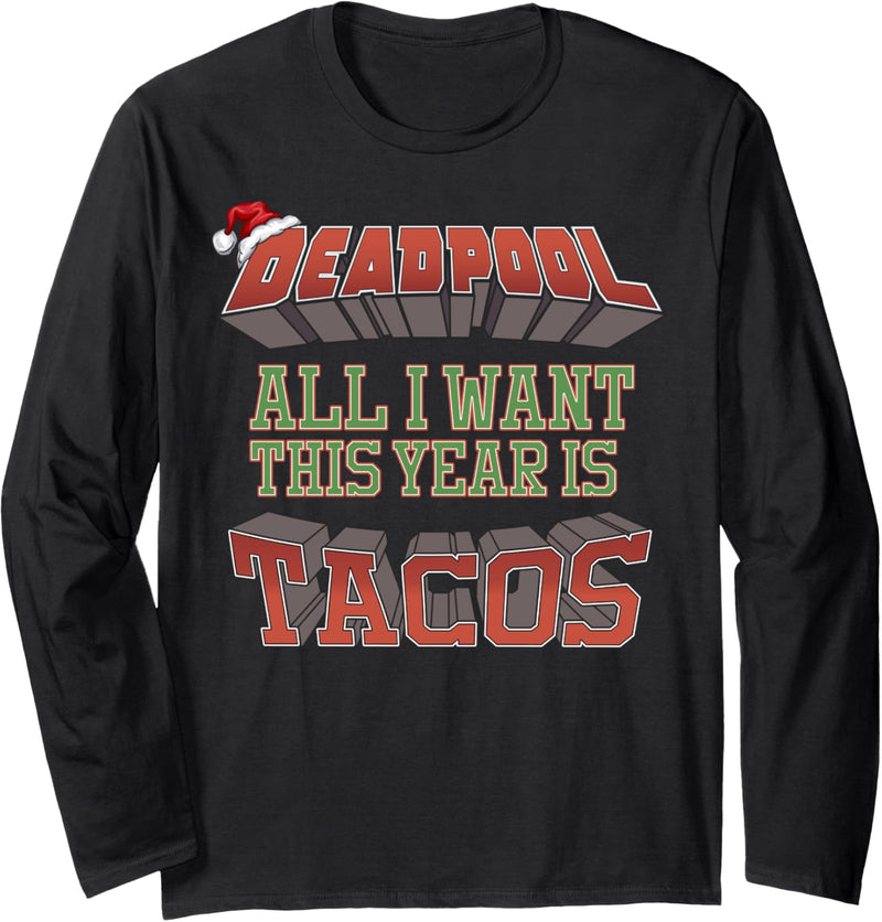 Marvel Deadpool All I Want This Year Is Tacos Santa Hat Langarmshirt