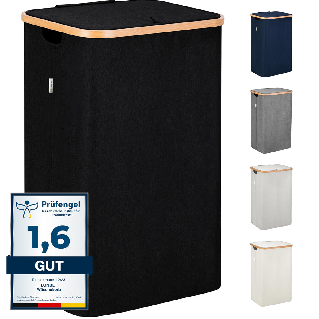 Lonbet - Black Laundry Baskets with Lid - XL 100 L - Large Hamper with Handles - for Bedrooms - Bamb