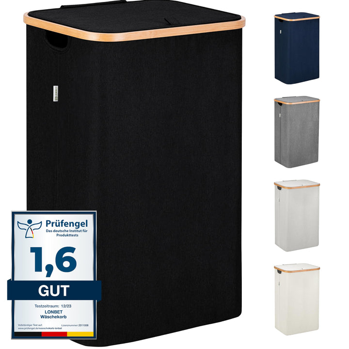 Lonbet - Black Laundry Baskets with Lid - XL 100 L - Large Hamper with Handles - for Bedrooms - Bamb