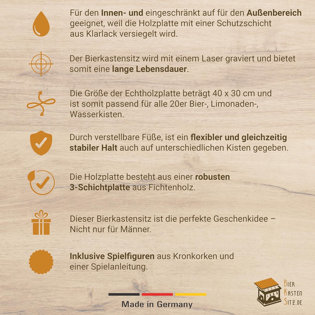 Bierkastensitz, Outdoor Hocker, Sitzauflage aus Holz für Getränkekisten - Partyspiel - Bier Gewinnt