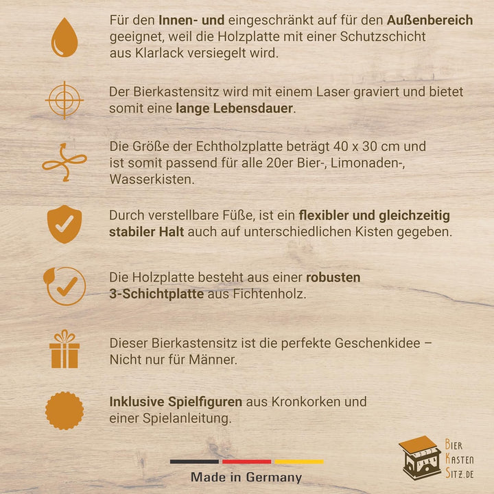 Bierkastensitz, Outdoor Hocker, Sitzauflage aus Holz für Getränkekisten - Partyspiel - Bier Gewinnt