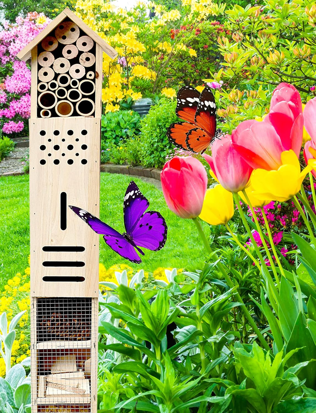Insektenhotel mit Erdspiess, als Nisthilfe für Nützlinge, Garten, gross, stehend, Bienenhotel Wildbi