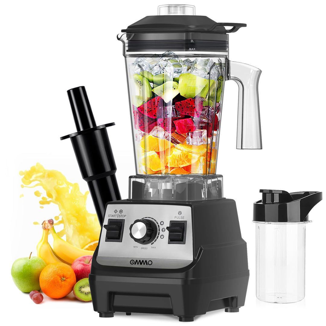 OMMO Standmixer 1.8L Hochleistungsmixer, 300 ml To-Go Becher, 6-Fach Metallmesser, Pulsfunktion, MAX