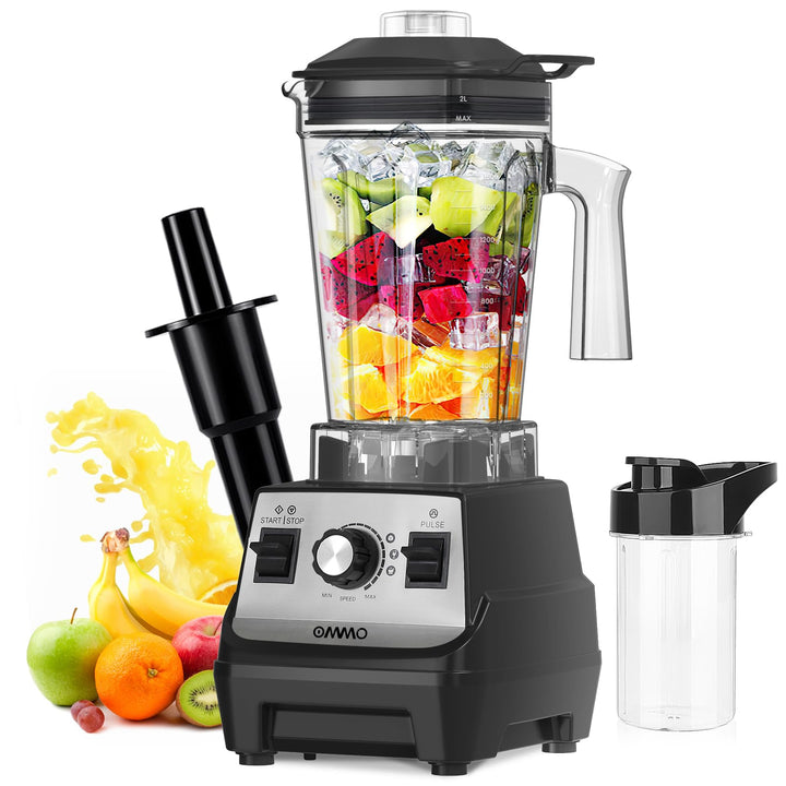 OMMO Standmixer 1.8L Hochleistungsmixer, 300 ml To-Go Becher, 6-Fach Metallmesser, Pulsfunktion, MAX