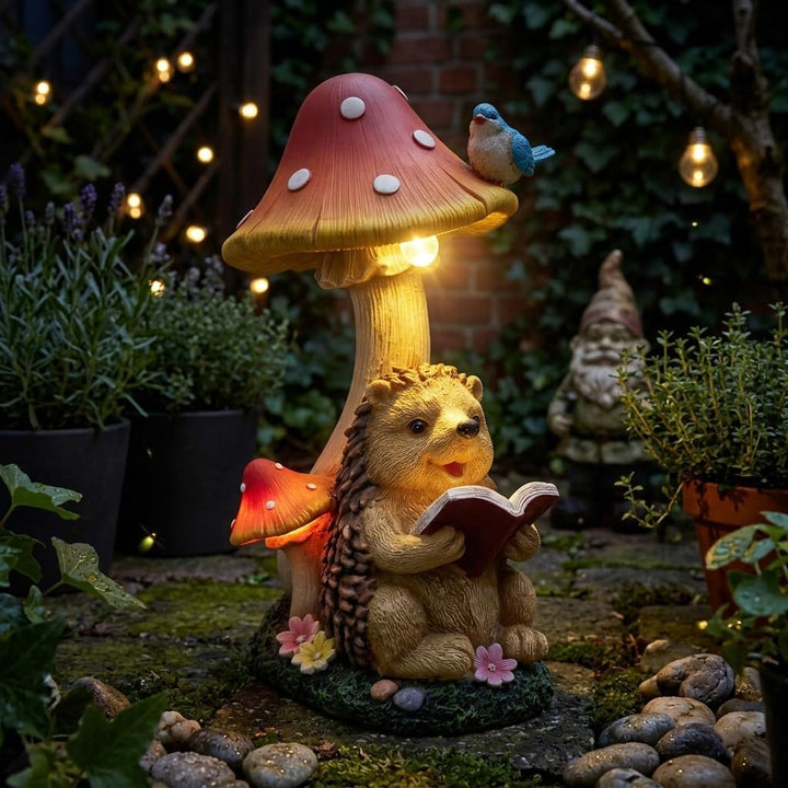 TERESA'S COLLECTIONS Gartendeko für Draussen Igel Gartenfigur mit Pilz Feengarten Figur Solar Garten