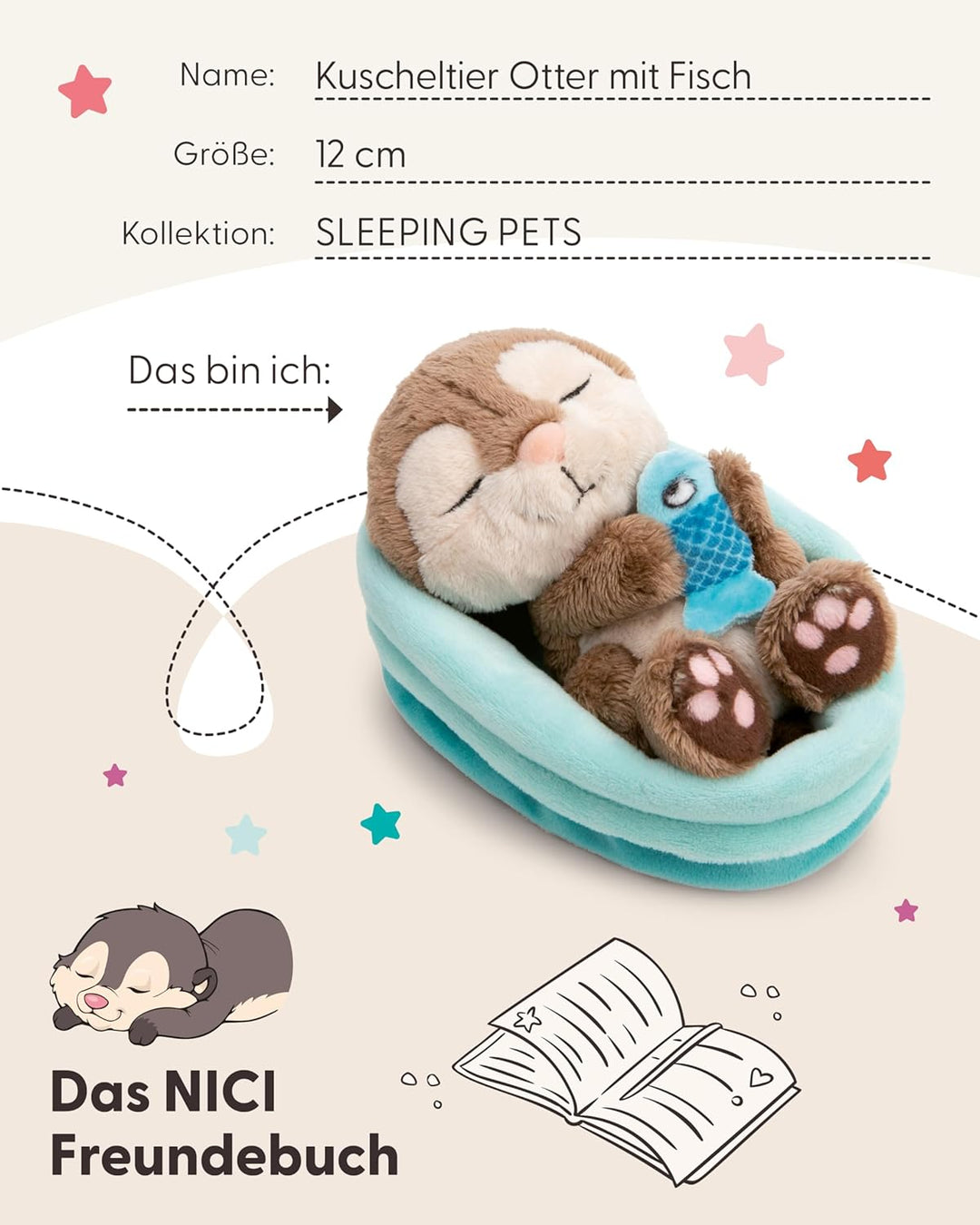 NICI Kuscheltier Otter mit Fisch 12cm schlafend im Körbchen - grau - Stofftier aus weichem Plüsch, n