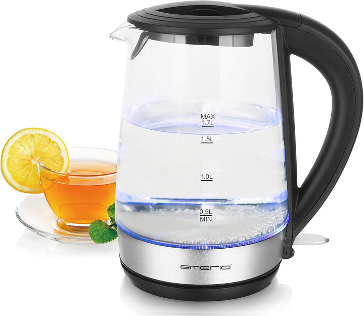 Emerio WK-123131, Glas Wasserkocher 1.7L, BPA frei, bestes Borosilikatglas, 2200 Watt, schöne blaue