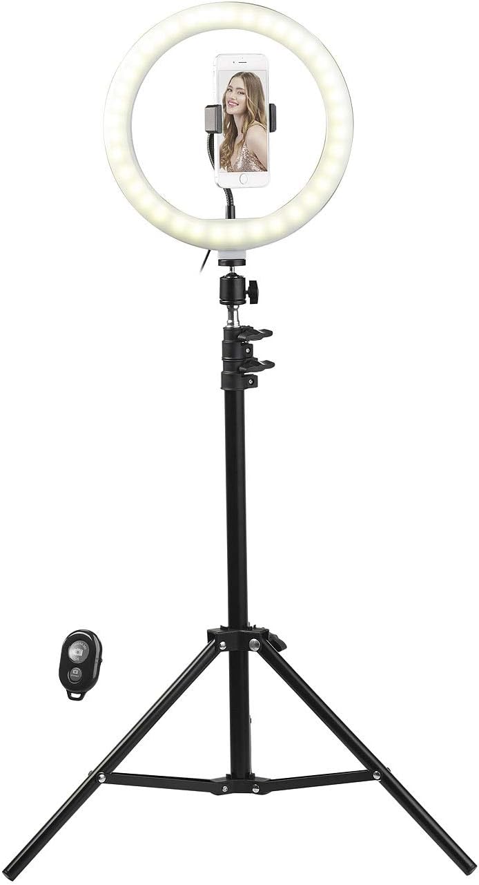 Somikon Handy Stativ mit Licht: LED-Ringlicht, Handy-Halter, Stativ, Fernauslöser, Ø 10" / 25 cm (Li