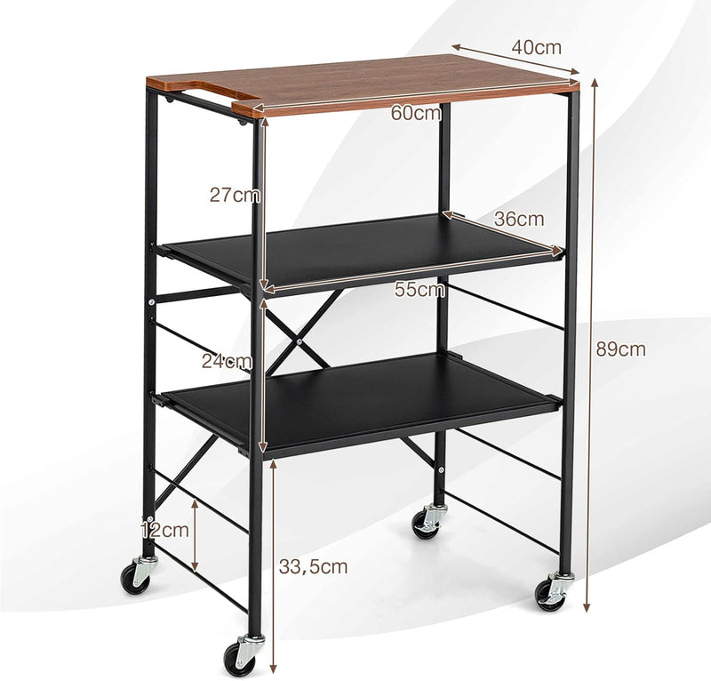 COSTWAY Servierwagen 60x40x89cm, Beistelltisch mit Rollen, Küchenwagen mit Holzablage & Metallrahmen