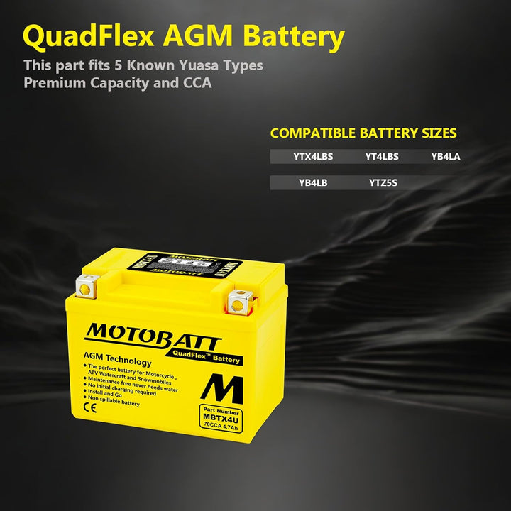 MotoBatt MBTX4U QuadFlex AGM-Batterie, 12 V, 4,7 A, 70 CCA, 12.6 x 8 x 12.1 cm