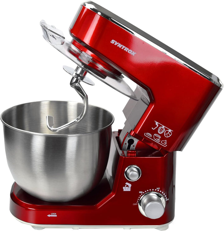 Syntrox Germany KM-1000W Küchenmaschine Knetmaschine Mixer, Edelstahl-Behälter, 5 Liter, rot