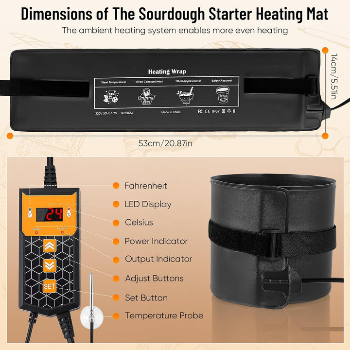 Heizmatte für Sauerteig-Starter mit 5-45°C Thermostat &amp; NTC-Sensor, Fermentation Heizgürtel mit 0-24