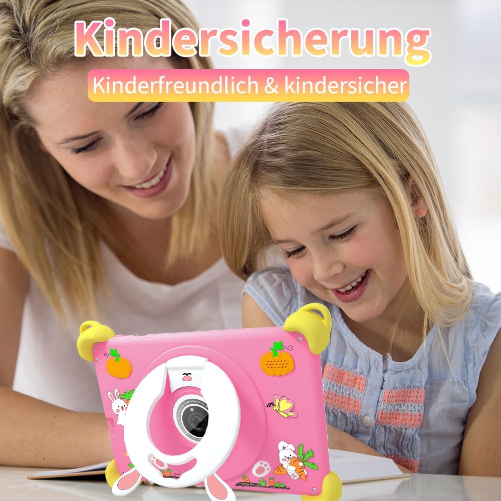 Veidoo 7-Zoll Android Kinder-Tablet, 2+32 GB, Dual-Kameras, stossfeste Hülle, integriertes Hasen-Stä