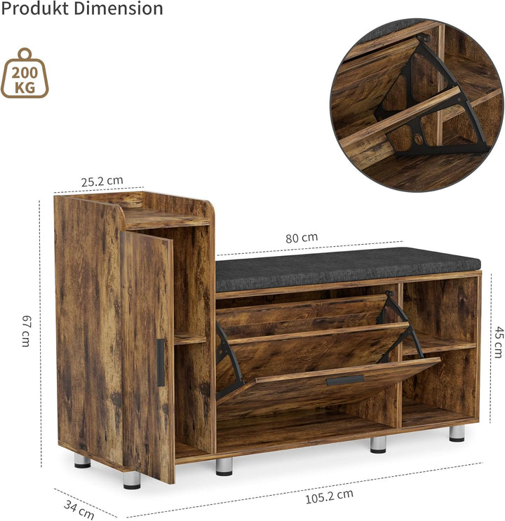 Schuhbank mit Sitzfläche, Klappfach mit Verstellbarer Trennwand, Höhenverstellbar, Schuhschrank mit