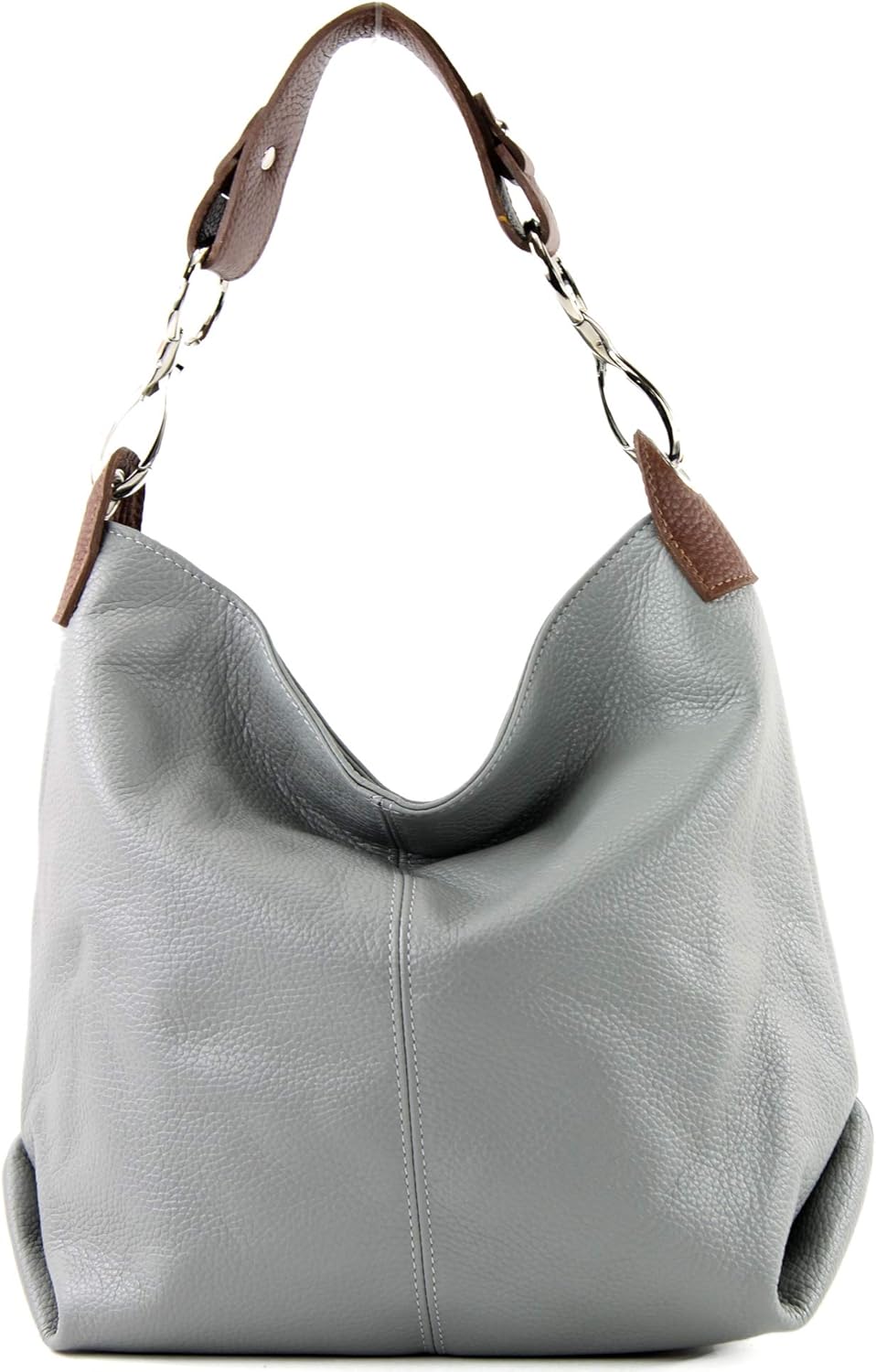 modamoda de - T168 - ital Schultertasche Umhängetasche aus Leder Grau/Braun, Grau/Braun