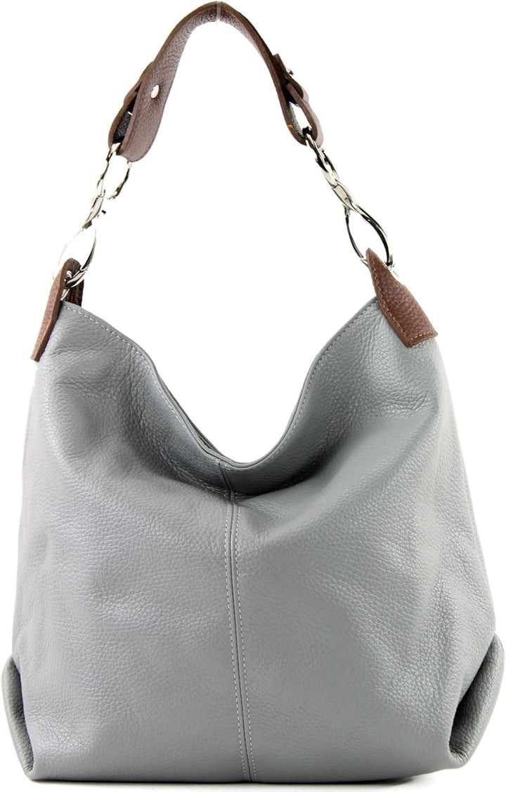 modamoda de - T168 - ital Schultertasche Umhängetasche aus Leder Grau/Braun, Grau/Braun