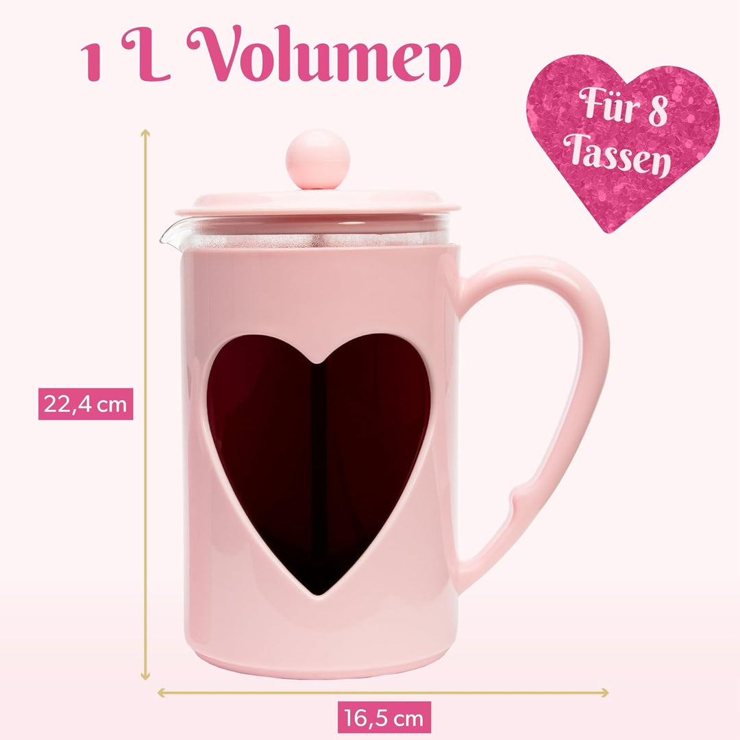 Paris Hilton – French Press im Herzdesign 1L – Kaffeepresse aus Glas und Kunststoff mit Edelstahlfil