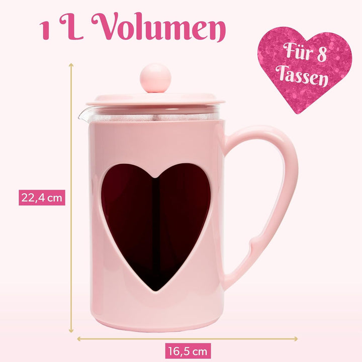 Paris Hilton – French Press im Herzdesign 1L – Kaffeepresse aus Glas und Kunststoff mit Edelstahlfil