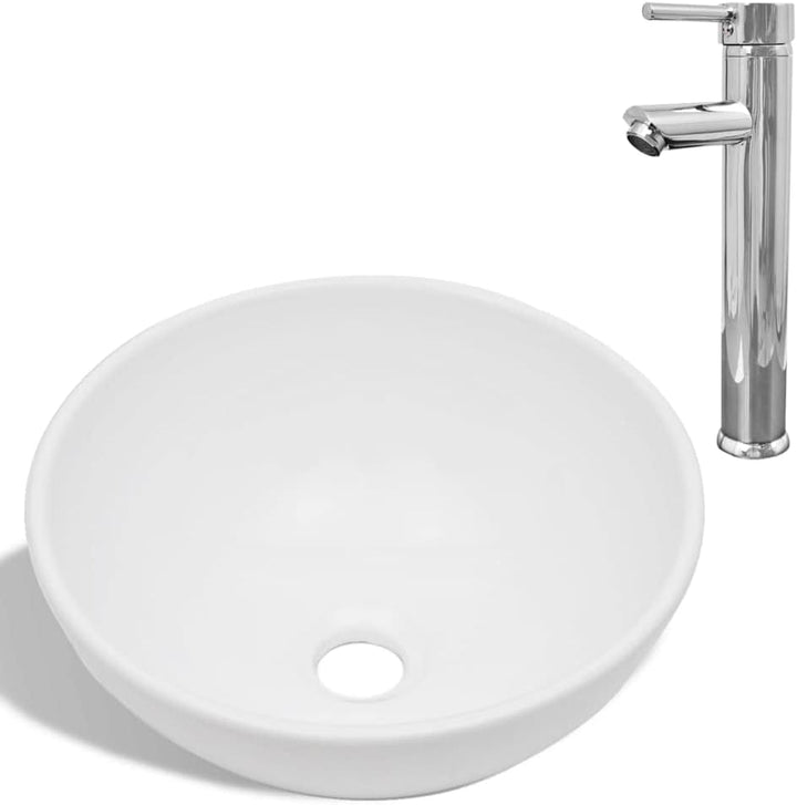 WIFESE Bad-Waschbecken mit Mischbatterie Keramik Rund Weiss 32,5x14 CM Aufsatzwaschbecken Eckig Bade