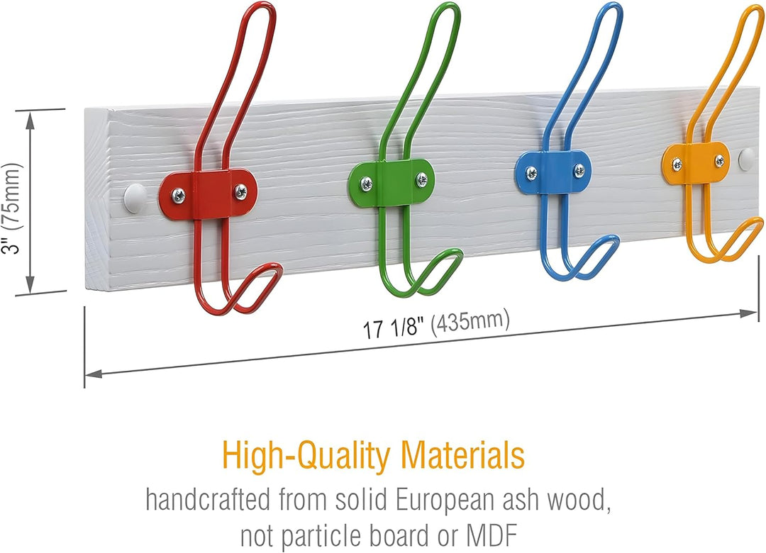 Kleiderhaken - Mattweiss - 4 Metallhaken - 43,5x7,5 cm - Kinderzimmer Garderobe mit Farbigen Haken -