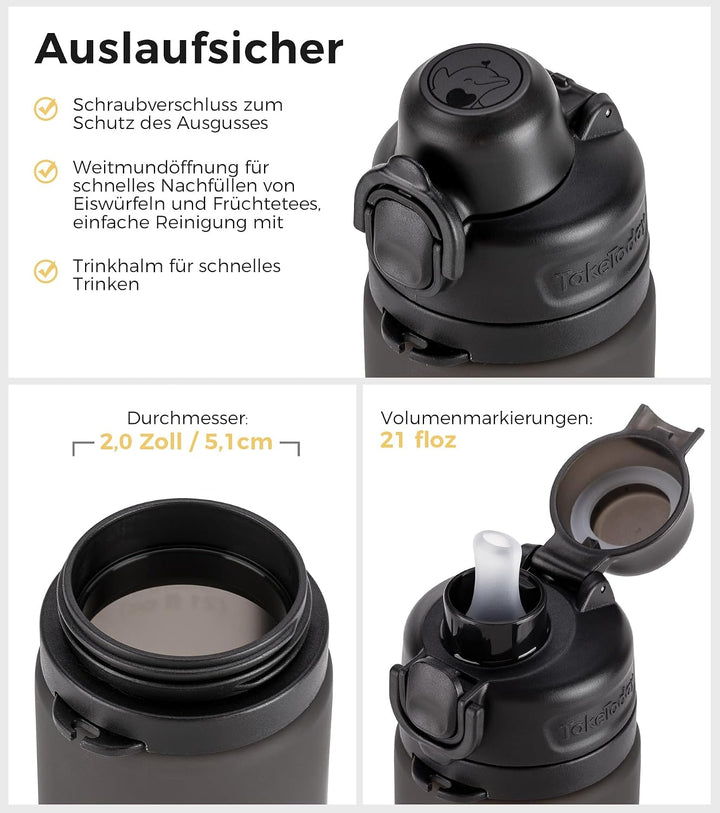 TakeToday Faltbare Trinkflasche 600 mL, zusammenklappbare Wasserflasche aus Platin-Silikon mit Stroh