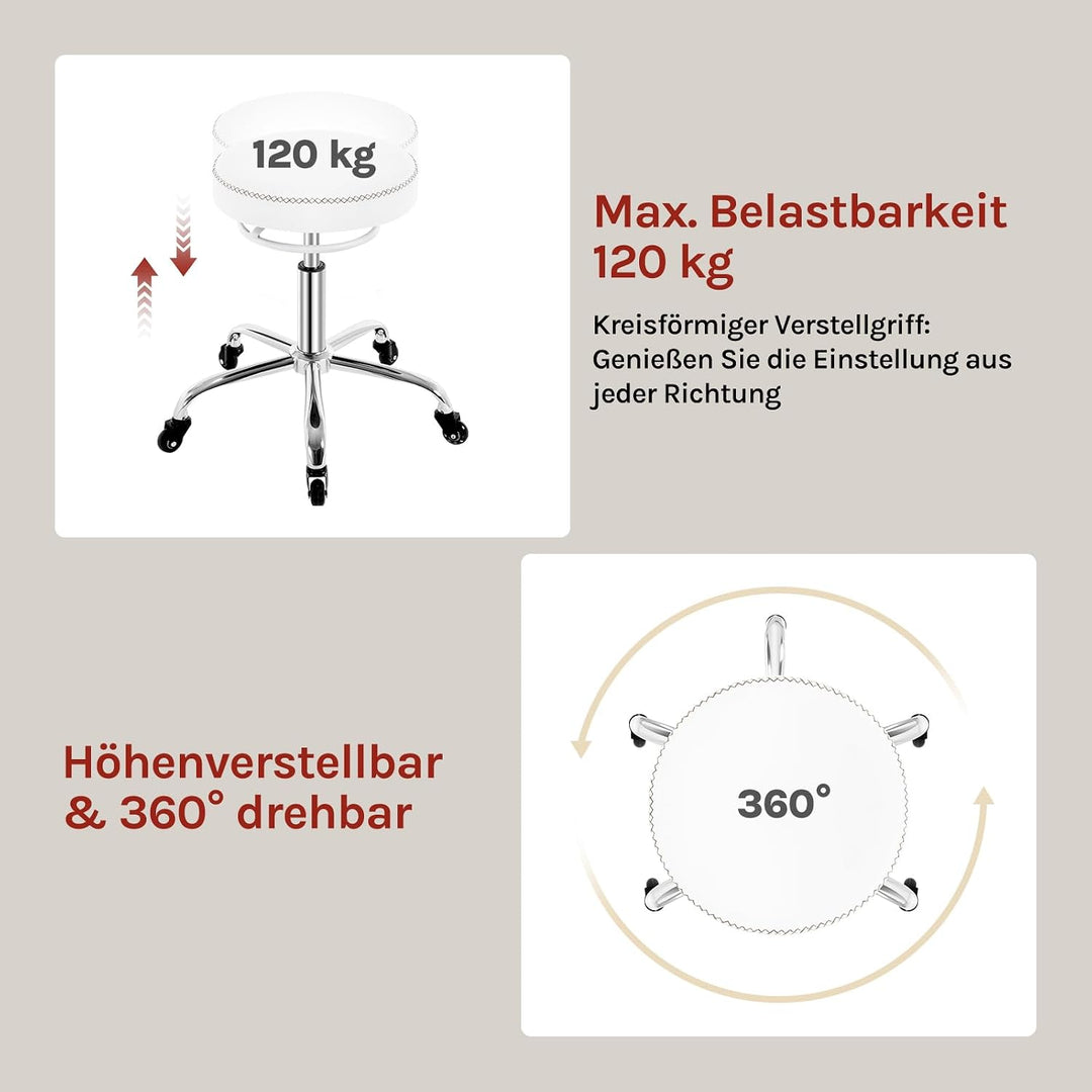 WOLTU Rollhocker höhenverstellbar, Bürohocker 360° drehbar, Weiss | Drehhocker mit Rollen, runder Ho