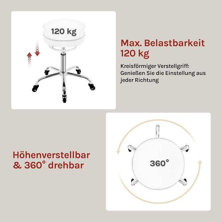 WOLTU Rollhocker höhenverstellbar, Bürohocker 360° drehbar, Weiss | Drehhocker mit Rollen, runder Ho
