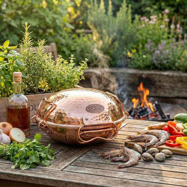 CopperGarden® Cataplana Bräter aus handverzinntem gehämmerten Kupfer mit ca 36 cm Durchmesser I Port