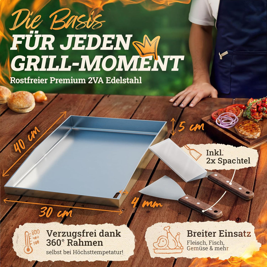 LIKAYA® Grillplatte/Plancha [30 x 40 x 4cm], massiver 4mm V2A Edelstahl inkl. 2x Grillspachteln mit