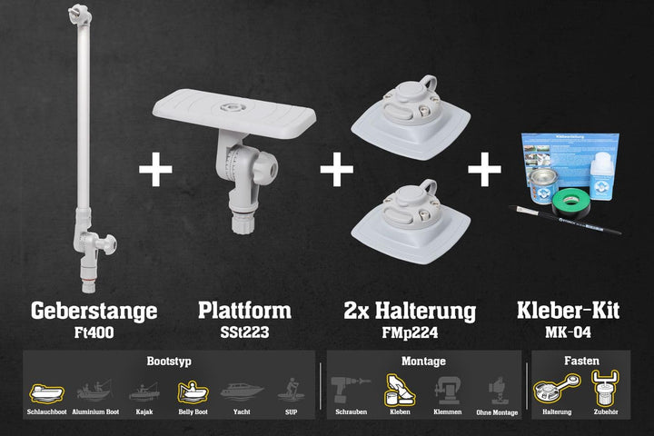 Set: Geberstange + Plattform + 2 x Halterung (164x68mm) + Kleber-Kit Bellyboote