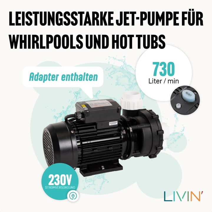 LIVIN' LX WP300 Jet poolpumpen - pool filterpumpe 2.2 kW/ 3 HP, Whirlpool umwälzpumpe 730L/ Min für