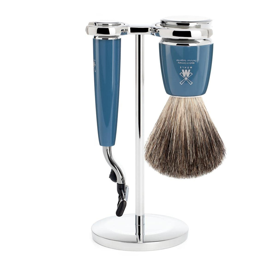 MÜHLE Rytmo 3 tlg Rasierset - Rasierer kompatibel mit Gillette-Klingen, Dachshaar-Rasierpinsel, Halt