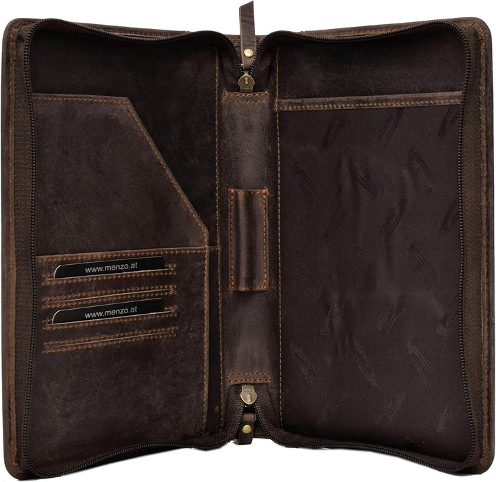 Menzo A5 Schreibmappe aus echten Leder, Dokumentenmappe, Damen und Herren, Mappe… (marrone), marrone