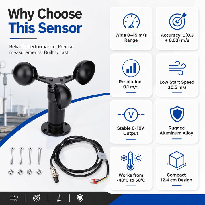 Risegun 0-10V Signalausgang Windgeschwindigkeitssensor, Aluminiumlegierungs Anemometer, 360 Grad Win