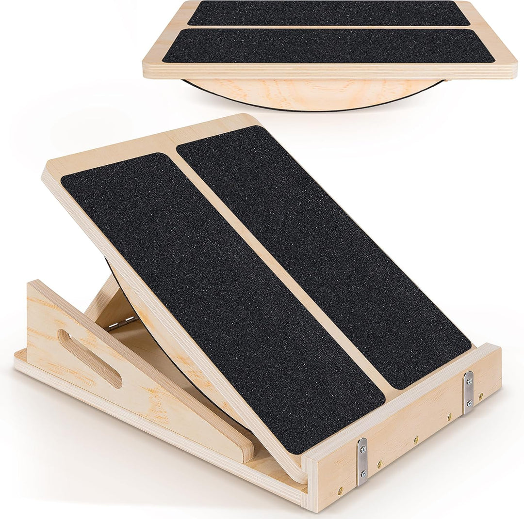2-in-1 Schrägbrett aus Holz, Verstellbarer Wadenstrecker mit Tragegriff, Mobility Balance Board Slan