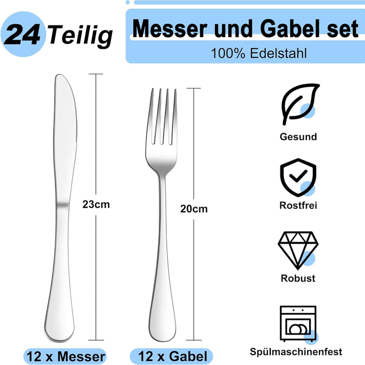 Herogo Steakbesteck Set, 24-teilig Edelstahl Tafelmesser und Tafelgabeln für 12 Personen, Silber Piz