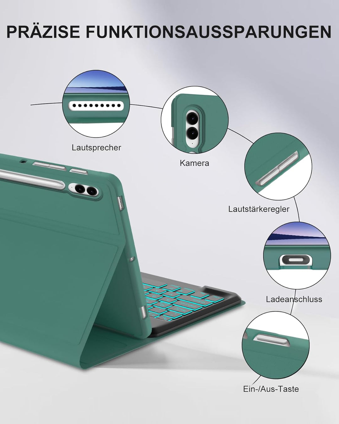 Hülle mit Deutscher QWERTZ-Tastatur für Samsung Galaxy Tab S10 Plus (2024), Tab S9 Plus (2023), S9 F