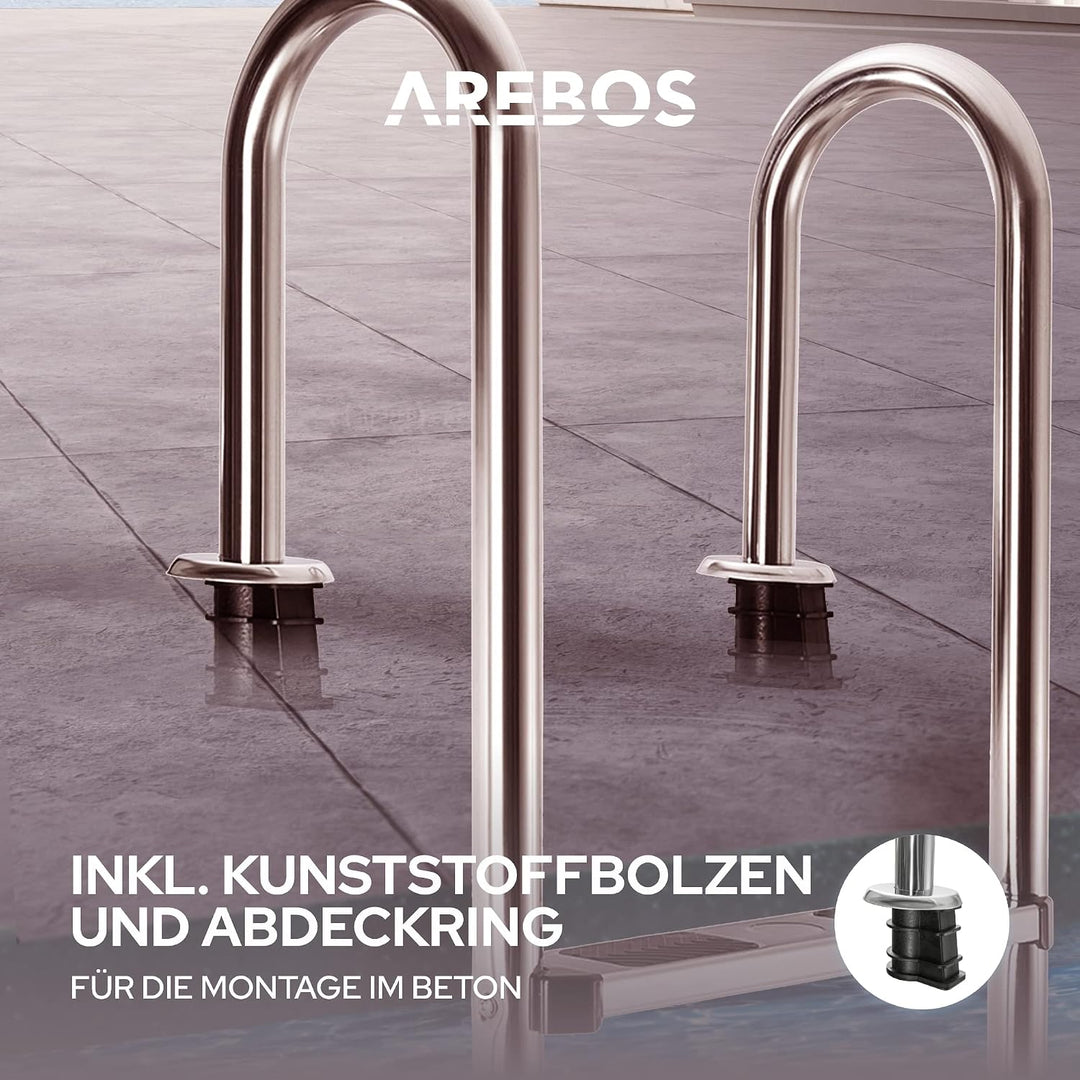 Arebos Edelstahl Poolleiter | inkl. Kunststoffbolzen, Flanschrohr und Montagematerial | 2 Montagemög