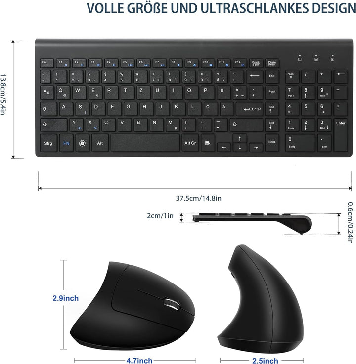 Fonicer 2,4 GHz Kabellose Vertikale Ergonomische Maus und Tastatur Combo Ultradünne tragbare Grösse