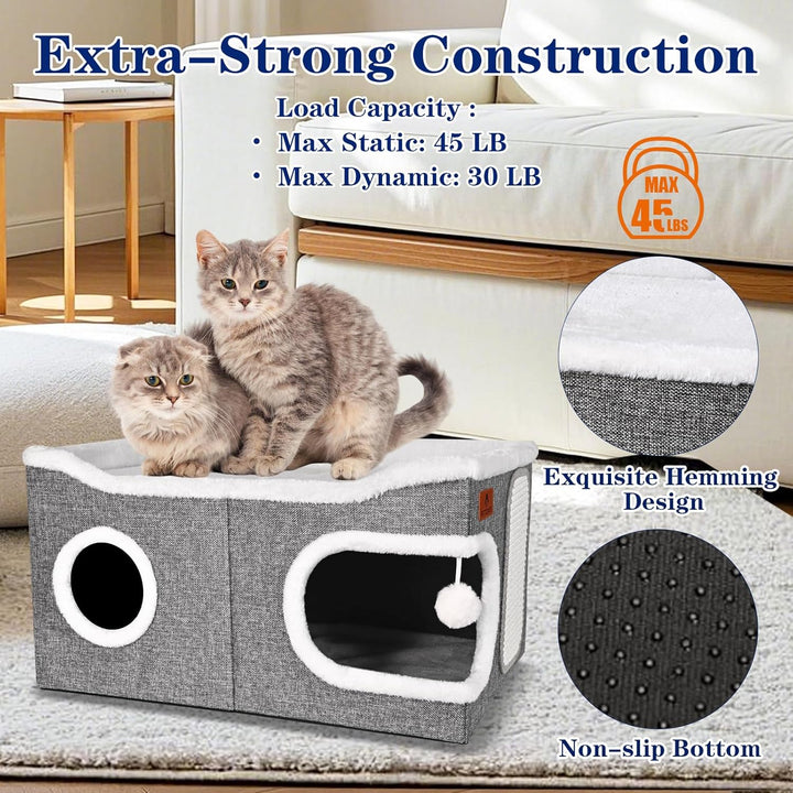 Extra Grosse Katzenhaus Indoor, 2-stöckige Kuschelhöhle mit Kratzbrett und Spielball, Katzenhöhle fü