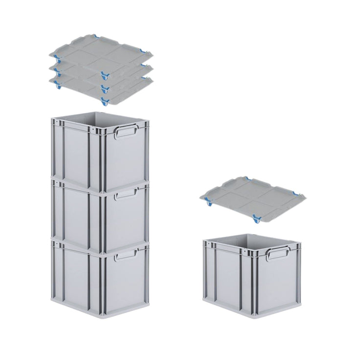 SuperSparSet 4x Eurobox NextGen Grip mit Auflagedeckel & 4 blauen Schiebeschnappverschlüssen, HxBxT