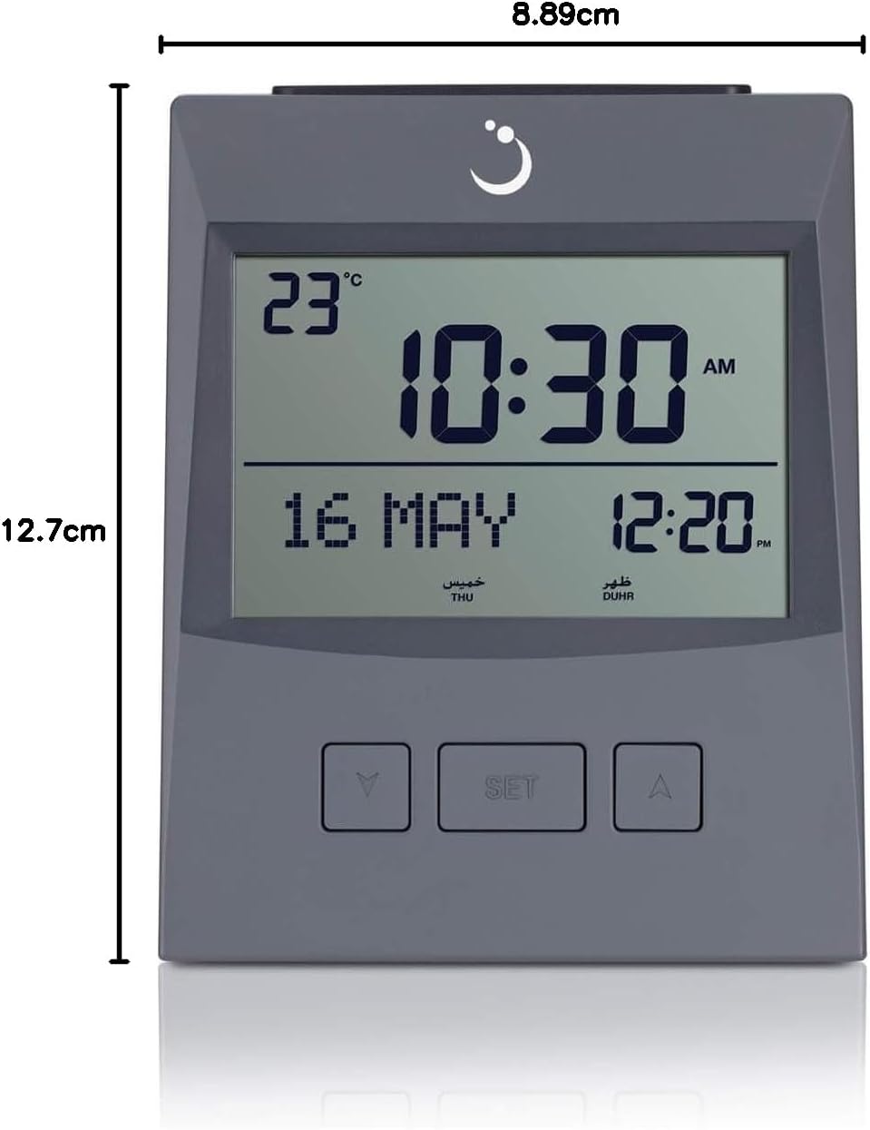 ALFAJR Azan Clock CS-13 Tischuhr, automatischer Athan Gebetsalarm, Grau