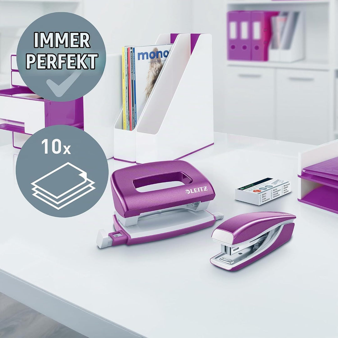 Leitz 55996062 Mini-Heftgerät-und Locher-Set (für bis zu 10 Blatt, Inkl. Heftklammern, WOW) metallic